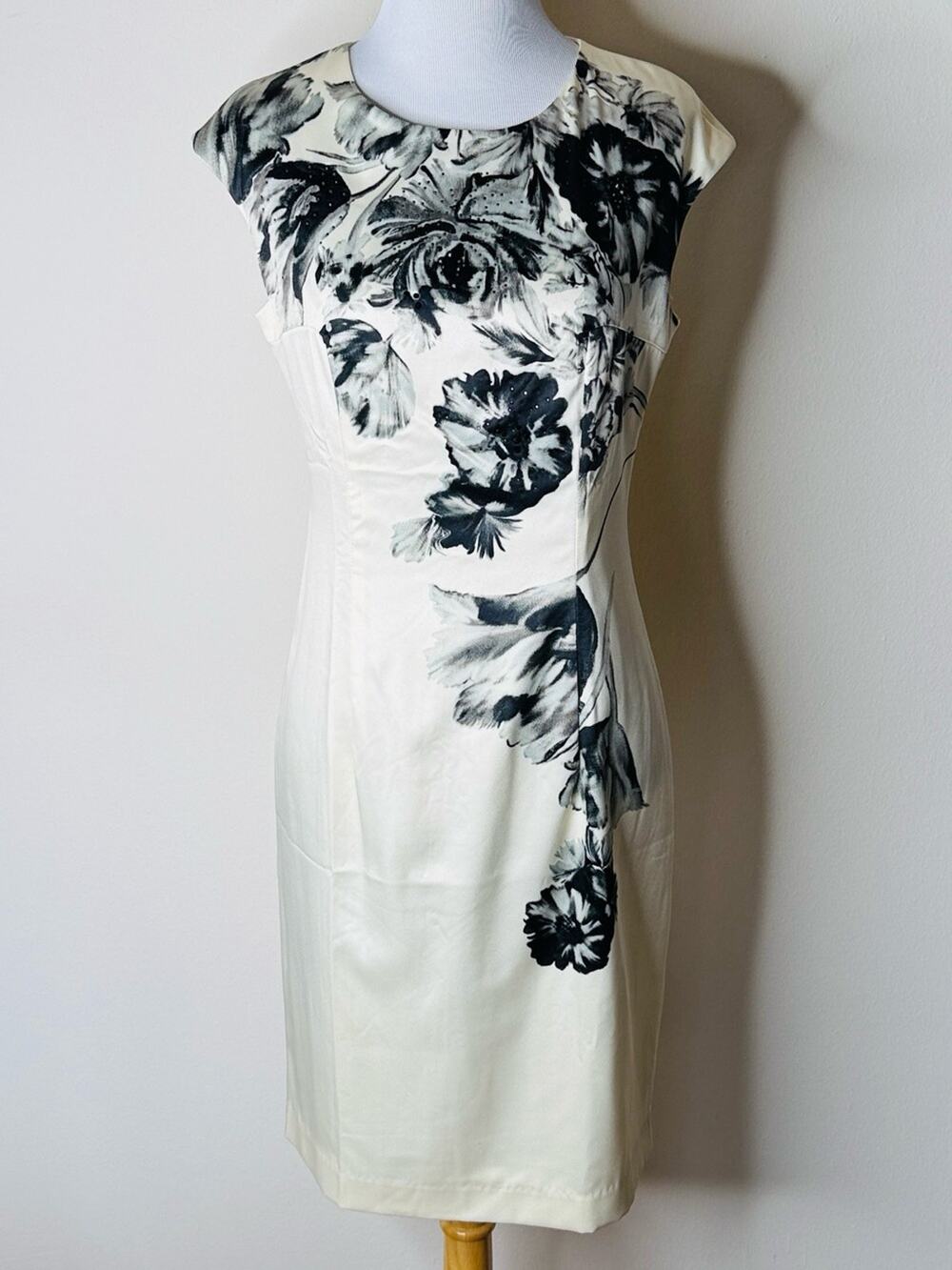 Gyalwanna Ivory Satin Black Floral Print Midi Dress
